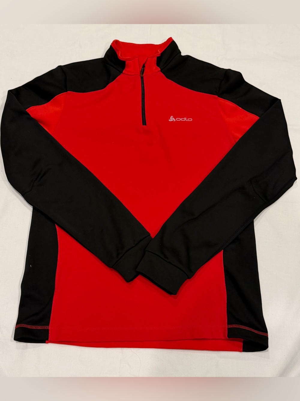 Odlo Men’s Half Zip Pullover Athletic Long Sleeve V-Neck Colorblock Red Black XL
